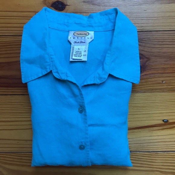 Talbots Teal Irish Linen Short Sleeve Button Down Top, EUC, L - Picture 10 of 11